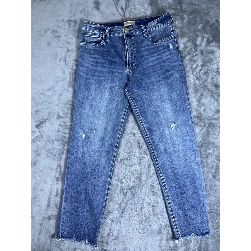Kut from the Kloth High Rise Ankle Straight Leg Distressed Raw Hem Jeans Blue